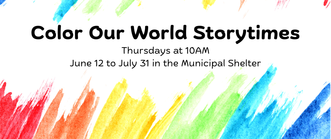 Color Our World Storytimes banner featuring rainbow crayon art