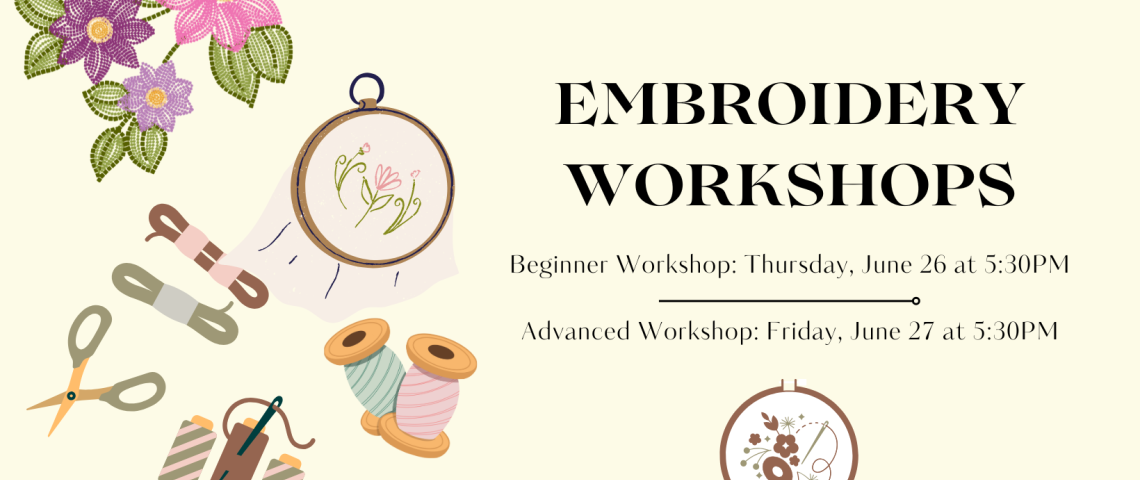 Embroidery Workshops on yellow background featuring embroidery materials on the lefthand side