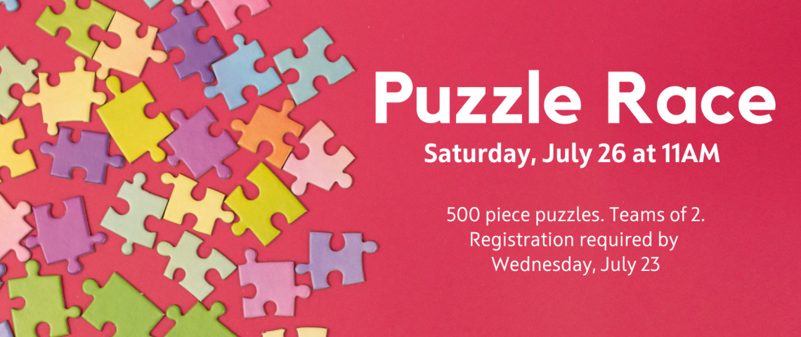 Puzzle Race on July 26. Photo features a pink background with a rainbow assortment of puzzle pieces.